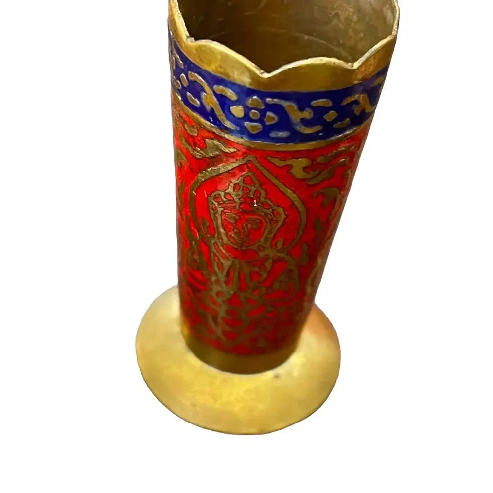 Vintage Brass Enamel Salt Pepper Asian Condiment Set Mid Century Thai Red Gold